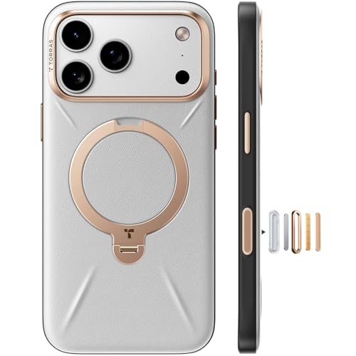 Image of TORRAS Q3 VegSkin for iPhone 17 Pro Max Case Leather, 360 Spin Magnetic Stand, Fit for MagSafe, Camera Control, Shockproof Premium Organic Silicone Leather Case for iPhone 17 Pro Max, Grayish White
