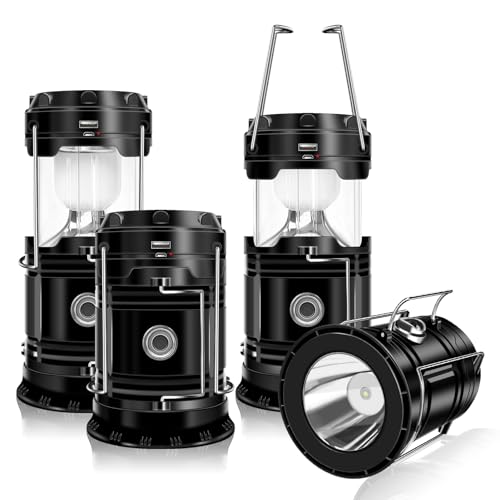 4-Pack Solar Camping Lantern, DIBMS Collapsible LED Solar USB Rechargeable Lantern Flashlight Emergency Hanging Lights for Camping Hurricanes Power Outages Indoor Outdoor