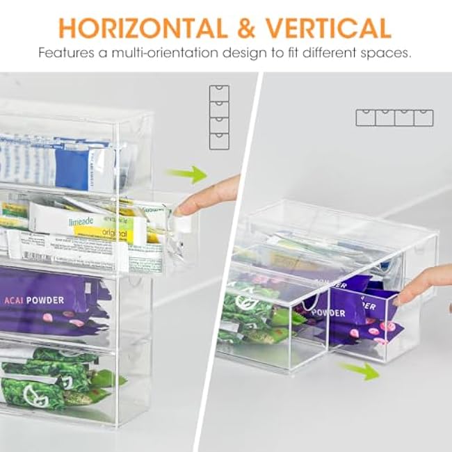 AIEVE Drink Packet Organizer, Drink Mix Holder with 4 Clear Drawers, Acrylic Water Flavor Packets Container, Kitchen Storage Organizers for Pantry Home Organization