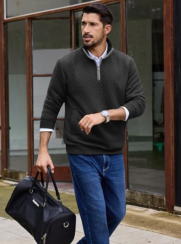 URRU Men’s Quarter Zip Pullover Quilted Sweater Long Sleeve Mock Neck Polo with Pocket3