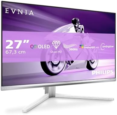 Philips Evnia 27M2N8500 - Moniteur Gaming OLED QHD 27 Pouces, 360 Hz, 0,03 ms, HDR400, Ambiglow, FreeSync. Prem., Composition G-Sync. (2560x1440, 2X HDMI 2.1, 1x DP 1.4, hub USB) Blanc