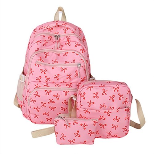 Bow Backpack for Women, Aesthetic Nylon Rucksack Cute Kawaii Backpack 3Pcs Set With Bow Pattern