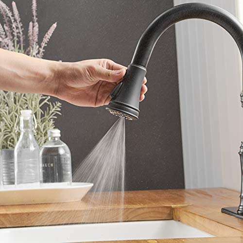 Bwe Black Kitchen Faucet With Pull Out Sprayer 3 Spray Modes Farmhouse Single Handle High Arc Kitchen Sink Faucet With Deck Plate Lead-Free Commercial Bar Pull Down Sprayer #TOP2
