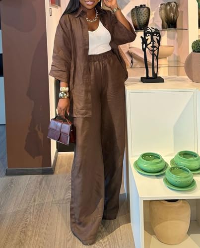 Voghtic 2 Piece Outfits For Women Lounge Sets 3/4 Sleeve Button Down Shirts And Wide Leg Pants Sets3