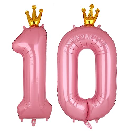 10 Balloon Number Pink 40 Inch Pink Number 10 Balloons Mylar Helium Crown Number Balloons Girl 10Th Birthday Anniversary Party Decor Supplies #TOP28