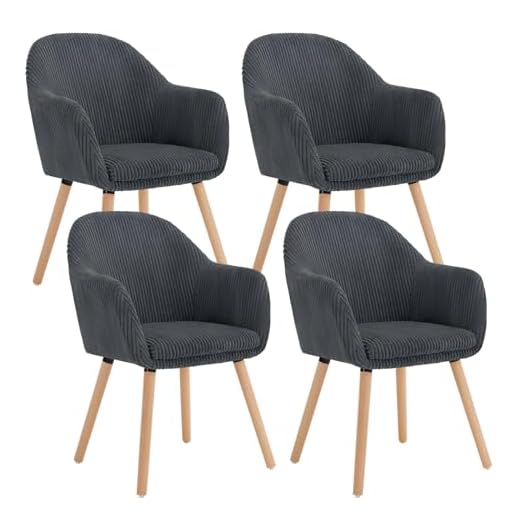 WOLTU Sillas Comedor Estilo Vintage Juego de 4, Silla Cocina, Silla Nordica con Respaldo y Reposabrazos, Tela Pana, Estructura de Madera, Sillas para Tocador, Escritorio, Gris Oscuro, EZS26dgr-4