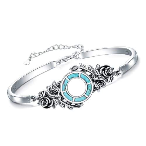 Genuine Turquoise Rose Bracelet, Sterling Silver Boho Adjustable Bangle Cuff Native American Jewelry for Women, Fit for 6.5 7 7.5 Inches