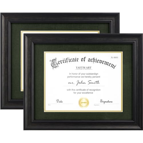 Yaetm 11x14 Diploma Frame, Certificate Frame with Tempered Glass, Display 8.5x11 Document with Dark Green Over Gold Acid-free Mats or 11 x 14 without Mat, Wide Molding (2 Pack, Black/Green)
