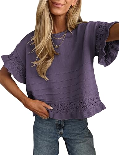 Yeokou Womens Short Sleeve Sweater Round Neck Ruffled Hem Knit