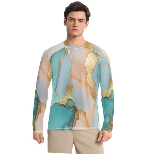 Marble Turquoise Blush Men's Rash Guard Shirts Loose Crew Neck Elasticity Mens Sun Protection Long Sleeve Summer