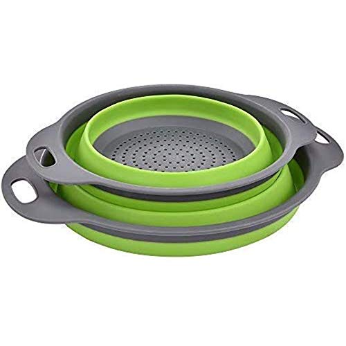 Enkousa Green Collapsible Colander 2 Sets, Kitchen Foldable Silicone Strainer, Environmentally Friendly Non-Toxic Easy to Clean, 2 Sizes Including 8 9.5-Inch