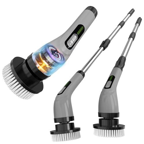 Highyes Electric Spin Scrubber, Cordless Powered Shower Scrubber with 7 Replacement Cleaning Heads, Dural Speed Spin Brush with Extention Handle for Bathroom, Bathtub, Tile, Floor, A10-3