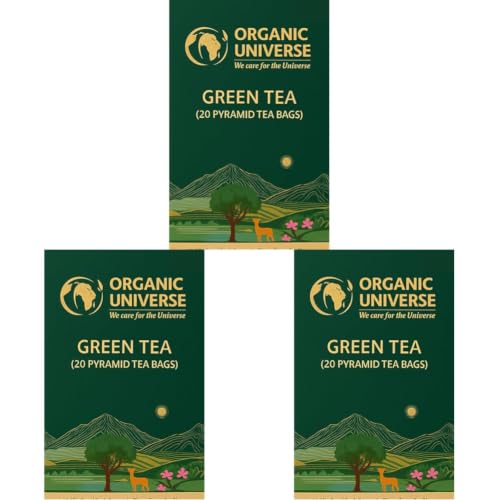 Image of ORGANIC UNIVERSE Organic Green Tea Whole Leaf Tea | 20 Pyramid Tea Bags | Aromatic Flavours | 100% Organic Ingredients (Pack of 3)