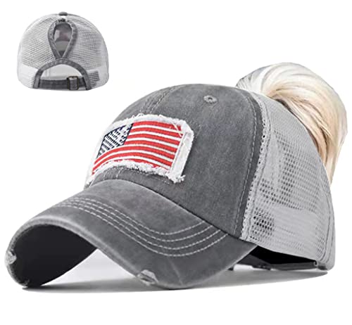 UTOWO Women Baseball-Caps Distressed-American-Flag Ponytail-High-Bun Trucker Dad-Hats(Grey-High Ponytail Mesh)
