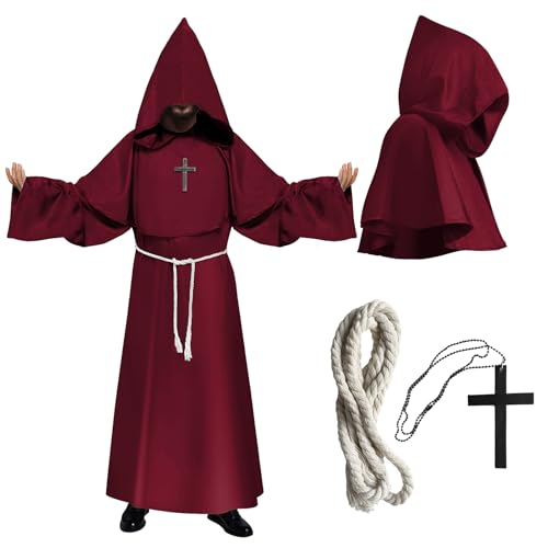 COSBERY Costume Moine Deguisement Halloween Homme Adulte, Moine Deguisement Pretre Homme avec Cape Ceinture en Corde Collier en Croix, Costume Medieval pour Soirée Halloween Carnaval