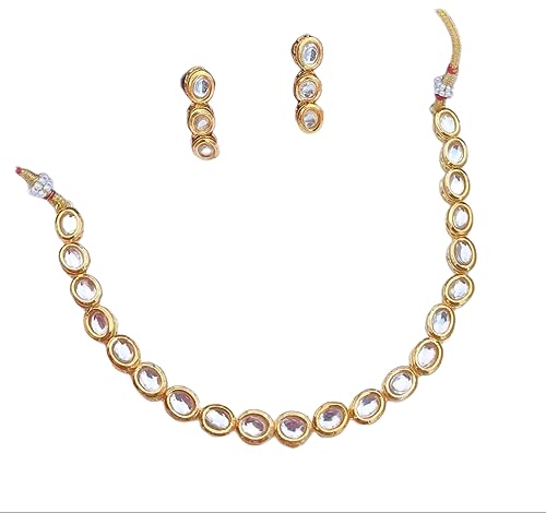 SAAVI COLLECTION Traditional Ethnic Western Fancy Gold Plated Oval shape Kundan Necklace Jewellery Set with Earrings for Women and Girls
