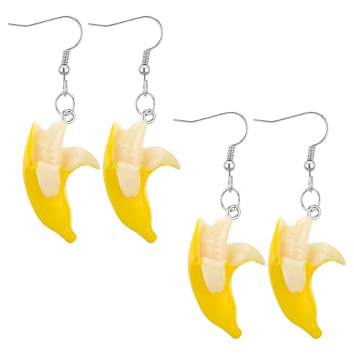 HJZHII 2 Pairs Banana Dangle Earrings Funny Fruit Banana Dangle Earrings Cute Imitate Bananas Dangles Earring Bohemian Bananas Food Earring Resin Lifelike Fruits Jewelry for Holiday Birthday Party