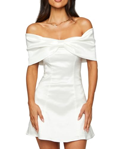 Women's Elegant Satin Off Shoulder Bow Front Mini Dress Stretchy Fitted Bodycon Party Club Cocktail Dress