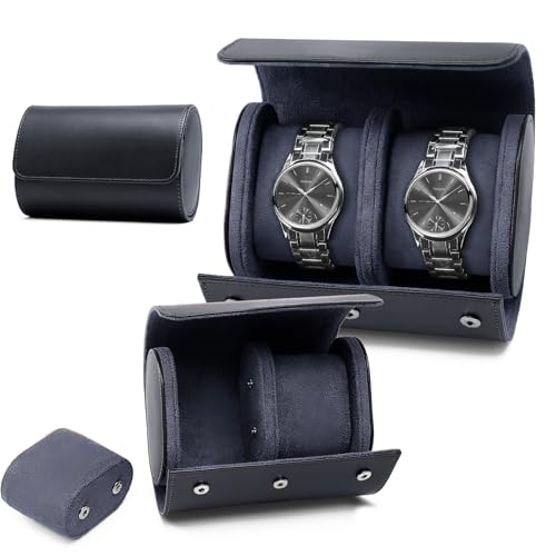 KoGiio Caja de Reloj de Cuero Retro Con 2 Ranuras - Organizador de PU Con Compartimentos de Terciopelo - Soporte de Almacenamiento Para Viaje - Azul