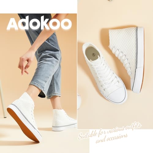 Adokoo High Top Sneakers for Women White Black Canvas Tennis Shoes for Women Lace Up Fashion Comfortable Walking Shoes4