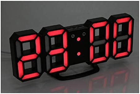 Hwealth 3D LED Digital Wall Clocks 24/12 Hours Display 3 Brightness Levels Dimmable Nightlight Snooze Function for Home Kitchen Office - Black red