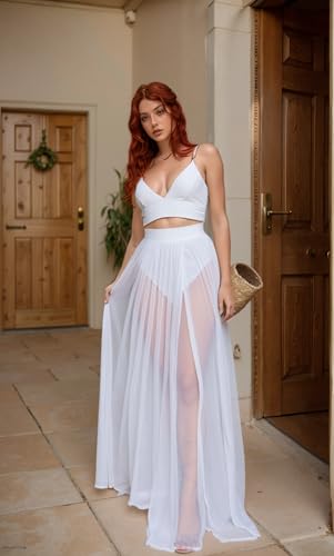 Image of Women Sexy 2 Piece Outfits Dress Chiffon Strap Deep V Neck Bra Crop Top High Split Maxi Dresses Skirt Set