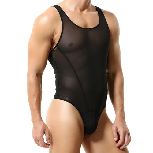 Mymyguoe Traje de baño transparente de una pieza para hombre, sin mangas, body overall, camiseta interior, sexy, transparente, mameluco, malla, body de cadena, lencería erótica, ropa interior