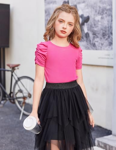 Image of Arshiner Girls Puff Short Sleeve Shirts Summer Ribbed Knit Crewneck T Shirt Tops Tee Blouse
