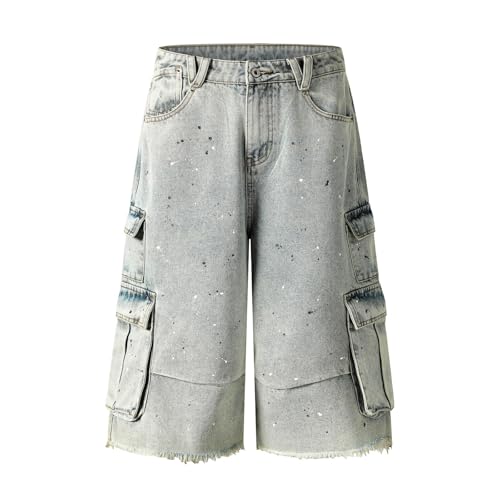 CUTEGAL Paint Cargo Jorts Dog Graphic Y2k Baggy Cropped Jeans Grunge Denim Capri Pants Casual Streetwear Men Unisex