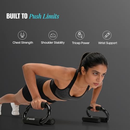 Image of Wiselife Push Up Bar Pair | Anti Slip Base for Home Gym & Workout Training | Heavy Duty Durable Push Up Bars for Chest, Arms & Core Strength | Ergonomic Comfortable Grip Handles S-Shape (Black)