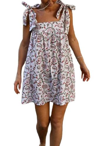 Image of Women Tie Shoulder Mini Dress Floral Ruffle Babydoll Dress Boho Square Neck Sundress Cute Summer Dresses