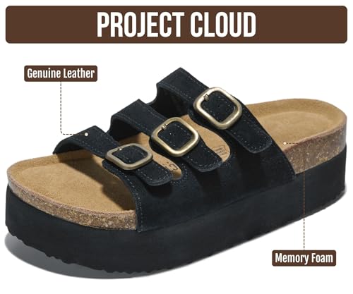 Image of Project Cloud 100% Genuine Leather Platform Sandals Women Footwear - Comfortable Womens Slides Memory Foam Insole - Non Slip Water-Resistant 3-Strap Wedge Sandals for Women 2026 (Dyan)