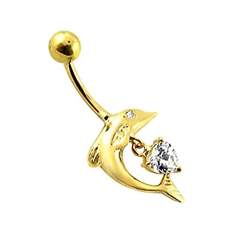 14K Solid Yellow Gold Jumping Dolphin Dangling CZ Stone Heart Belly Ring Cover