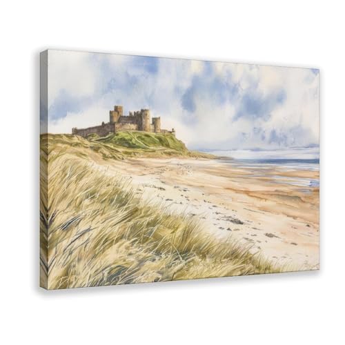 HKXAG Bamburgh Castle Watercolor Poster Landscape Wall Art Bamburgh Castle Wall Hanging Home Décor Gift Art Lovers United Kingdom Canvas Poster Bedroom Decor Room Frame 24x36inch