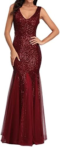Kaniem Women's Gliter Side Slit Sleeveless Sequin Evening Formal Party Dress Long Sleeve Long V-Neck Sequin Gown Formal Dresses for Women Evening Party Plus Size Red