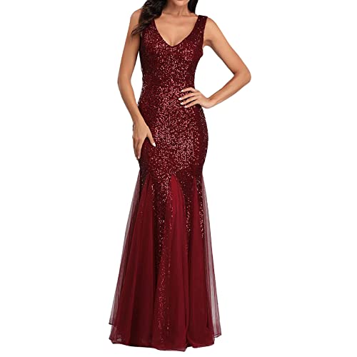 Kaniem Women's Gliter Side Slit Sleeveless Sequin Evening Formal Party Dress Long Sleeve Long V-Neck Sequin Gown Formal Dresses For Women Evening Party Plus Size Red #TOP13