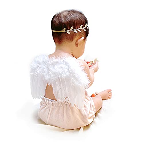 AMACOAM Baby Fotoshooting Kostüm Engelsflügel Kinder Weiß mit Silber Leaf Haarband Feder Baby Engel Flügel Neugeborenen Set Mädchen Baby Kinder Fotografie Kostüm Neugeborenen Fotografie Requisiten