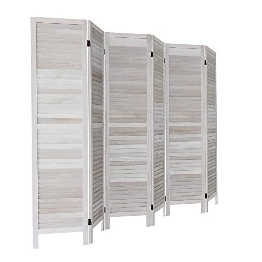 GLSLAND 6 Panel Wood Room Divider 5.6 Ft Tall 16" Wide Folding Partition Privacy Screen Panels Freestanding Partition Wall Dividers Screen Heavy Duty for Home Office Restaurant Bedroom, Greyish White