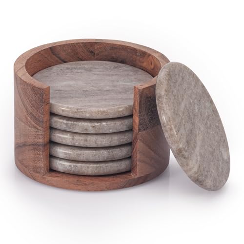 EHC Round Marble Coaster Set of 6 with Wooden Holder, Drink Coasters with Anti-Slip Pads, Coasters for Cups, Mugs & Glasses, Natural