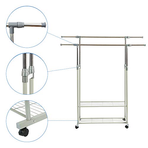 HOME BI Adjustable Garment Rack with 2 Tier Metal Shelf for Shoes Boxes, Rolling Clothes Organizer, High Capacity,Stainless Steel,Heavy Duty up to 110 pounds,Grey
