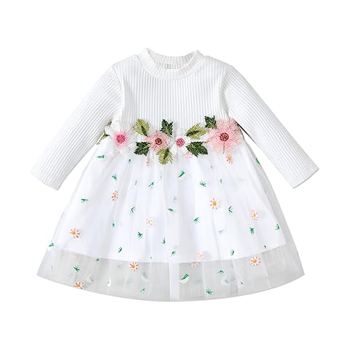 Baby Girl White Ribbed Long-Sleeve Splicing Floral Embroidered Mesh Dress 3-6 Months