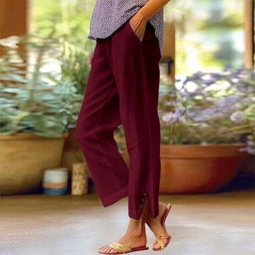 Women's Mid - Length Linen Trousers, Button - Trimmed Slit Hem, Breathable for Casual Looks2