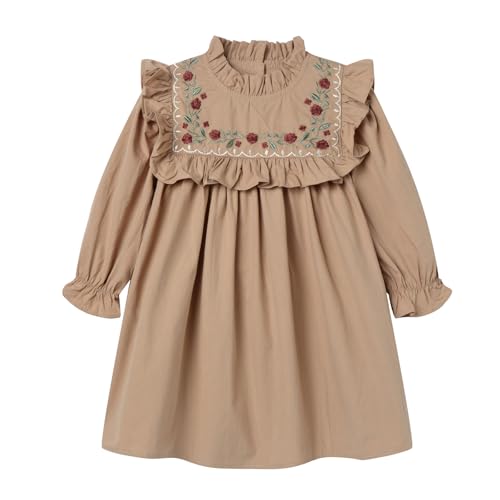 LittleSpring Girls Long Sleeve Dress with Stand Collar Floral Embroidery
