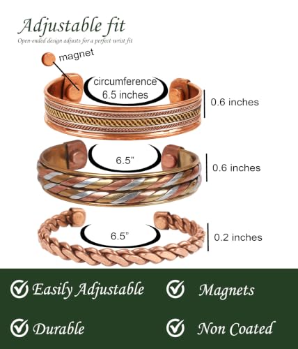 Image of Touchstone copper bracelets | gift for men women |adjustable 100% pure solid real magnetic jewelry | handmade bracelet set combo | rope braided tibetan bangles. Set of 3 different designs