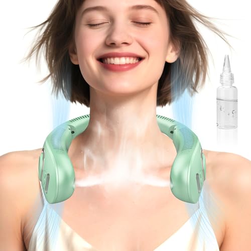 Image of Neck Fan that Blows Cold Air with Water Mist, Portable USB Rechargeable Neck Cooler, Collapsible Ventilador de Agua de Aire Frio, Bladless Wearable Hand-Free AC Unit for Outdoor Travel Sports, Green