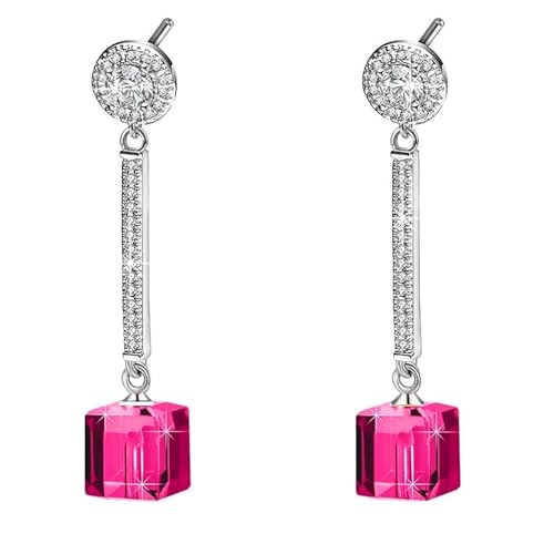 Cube Austrian Crystal Drop Long Dangle Earrings for Women 925 Sterling Silver Post Hypoallergenic Jewelry