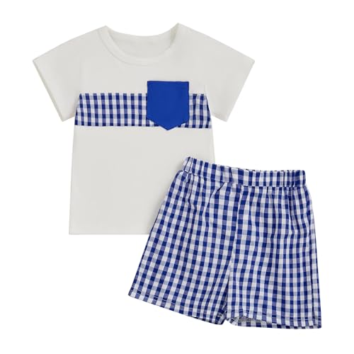 Summer Baby Boy Clothes Short Sleeve Front Pocket Tshirt Plaid Shorts Set 6 12 18 24 Months 2T 3T 4T Toddler Outfit (Blue, 12-18 Months)