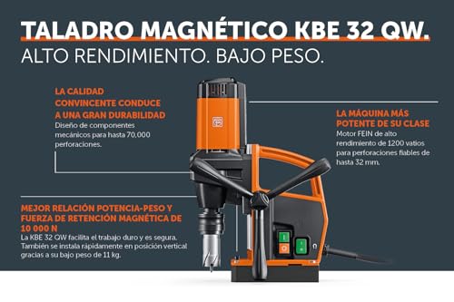 Miniatura 5 de Fein Máquina Perforadora Con Imán Eco Kbe 32 Qw,Hasta 32 Mm, 1 Velocidad, Pequeña Y Ligera, Ø Máx Hm Hss: 32 Mm, Alojamiento De Corona Perforadora: 3 4 Weldon, Profundidad Máx. De Taladrado 50 Mm