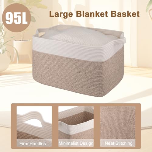 Image of OIAHOMY Extra Large Blanket Basket, 95L Cotton Rope Woven Laundry Basket, Toy Bin for Baby Room, Container for Blanket Storage in Living Room, 24''x17''x14'', Brown & White