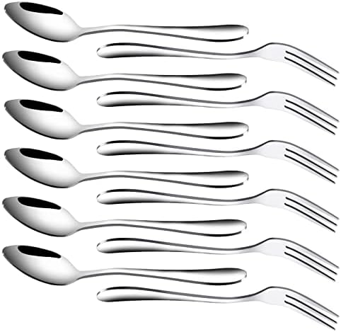 RETON 12 Pcs Dessert Forks and Spoons Set, 3 Tines Cake Fruit Fork, Dinner Spoon Teaspoon for Kitchen, Wedding, Party, Camping (6 Forks+6 Spoons)